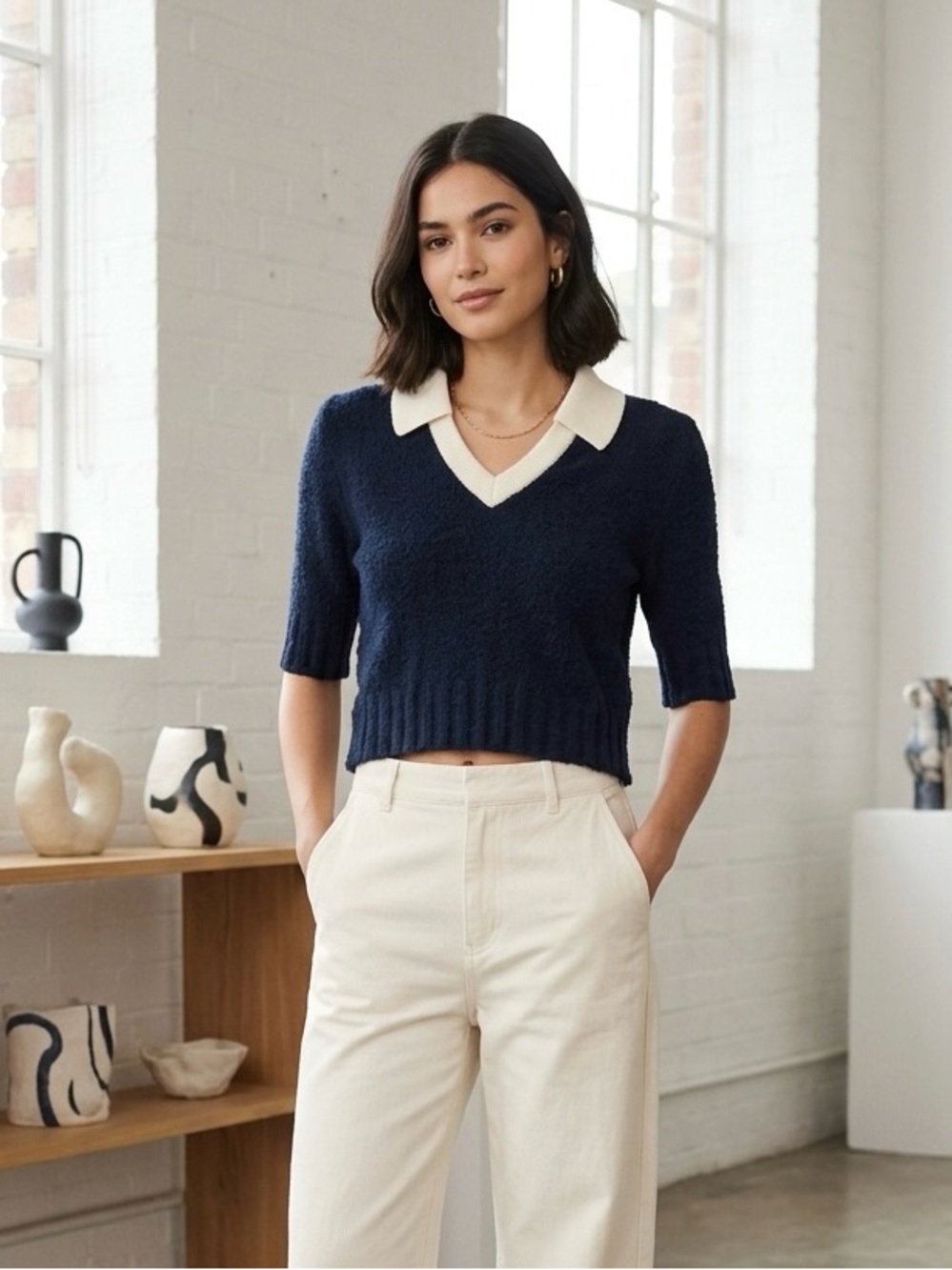 Navy V-Neck Polo Top by Elleme Paris